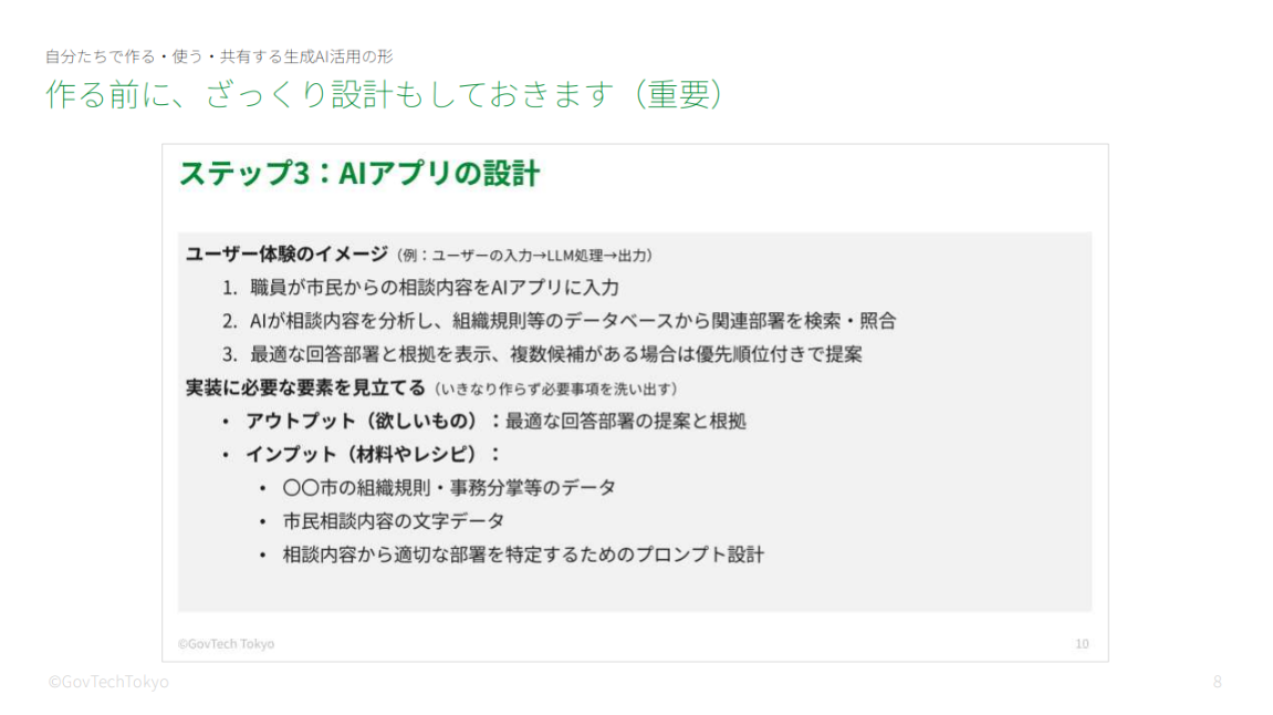 GovTech東京「自分たちで作る・使う・共有する生成AI活用の形/作る前に、ざっくり設計もしておきます(重要)」と題したスライド。以下、スライド内のテキスト情報。 ステップ3:AIアプリの設計。(1)ユーザー体験のイメージ(例:ユーザーの入力→LLM処理→出力):1.職員が市民からの相談内容をAIアプリに入力、2. AIが相談内容を分析し、組織規則等のデータベースから関連部署を検索・照合、3.最適な回答部署と根拠を表示、複数候補がある場合は優先順位付きで提案。(2)実装に必要な要素を見立てる(いきなり作らず必要事項を洗い出す):アウトプット(欲しいもの):最適な回答部署の提案と根拠/インプット(材料やレシピ):○○市の組織規則・事務分掌等のデータ、市民相談内容の文字データ、相談内容から適切な部署を特定するためのプロンプト設計。