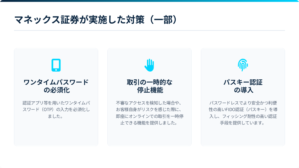 「マネックス証券が実施した対策（一部）」と書かれたスライド。①ワンタイムパスワードの必須化：認証アプリ等を用いたワンタイムパスワード（OTP）の入力を必須化しました。②取引の一時的な停止機能：不審なアクセスを検知した場合や、お客様自身がリスクを感じた際に、即座にオンラインでの取引を一時停止できる機能を提供しました。③パスキー認証の導入：パスワードレスでより安全かつ利便性の高いFIDO認証（パスキー）を導入し、フィッシング耐性の高い認証手段を提供しています。