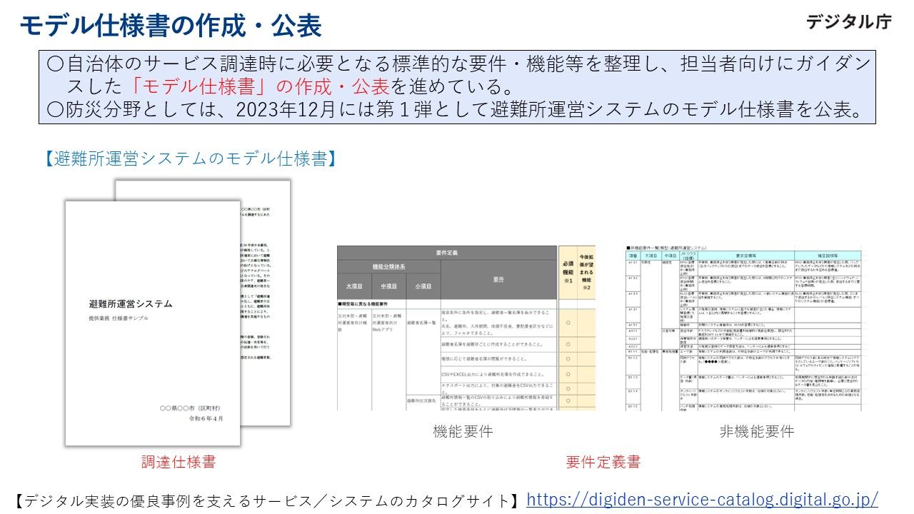 モデル仕様書の作成・公開の概要を示した図。自治体がサービス調達時に必要となる標準的な要件・機能などを整理し、担当者向けにガイダンスした「モデル仕様書」の作成・公表を進めている。防災分野としては、2023年12月に第一弾として避難所運営システムのモデル仕様書を公表。