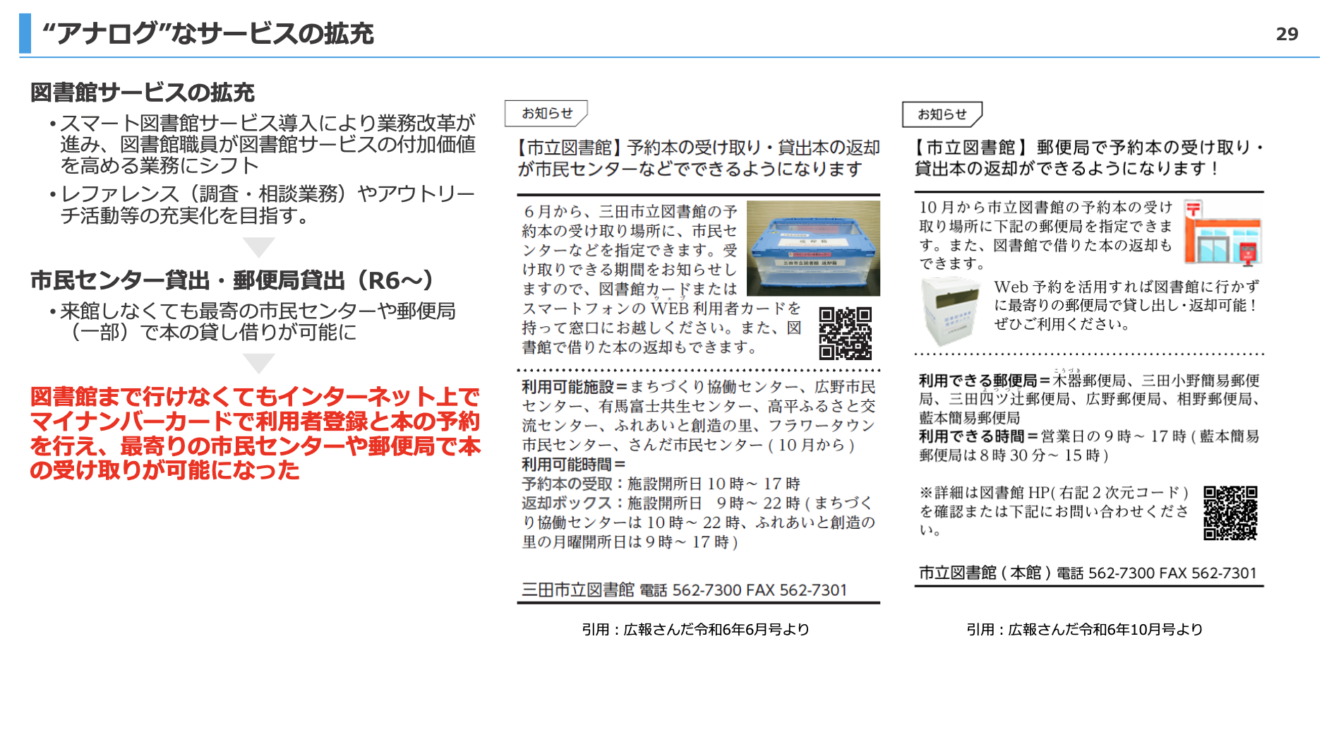 「“アナログ”なサービスの拡充」と題したスライド。【図書館サービスの拡充】スマート図書館サービス導入により業務改革が進み、図書館職員が図書館サービスの付加価値を高める業務にシフト。レファレンス（調査・相談業務）やアウトリーチ活動などの充実化を目指す。→【市民センター貸出・郵便局貸出（R6~）】来館しなくても最寄りの市民センターや郵便局（一部）で本の貸し借りが可能に→図書館まで行けなくてもインターネット上でマイナンバーカードで利用者登録と本の予約を行え、最寄りの市民センターや郵便局で本の受け取りが可能になった。