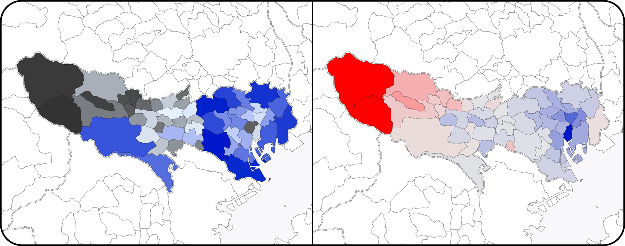 東京都の「人口」を示した地図と「人口の変化」を表した地図2枚を横並びで比較表示している。2種類の指標の違いを視覚的に比較するための図。