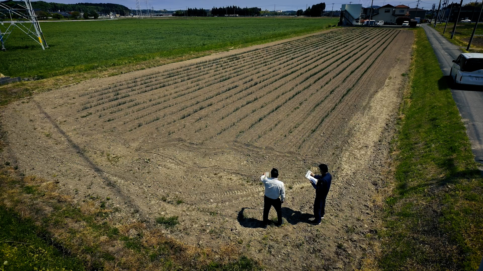 広大な農地を上空から撮影している。農地の端に立っている男性2人が作付確認を目視で実施している。