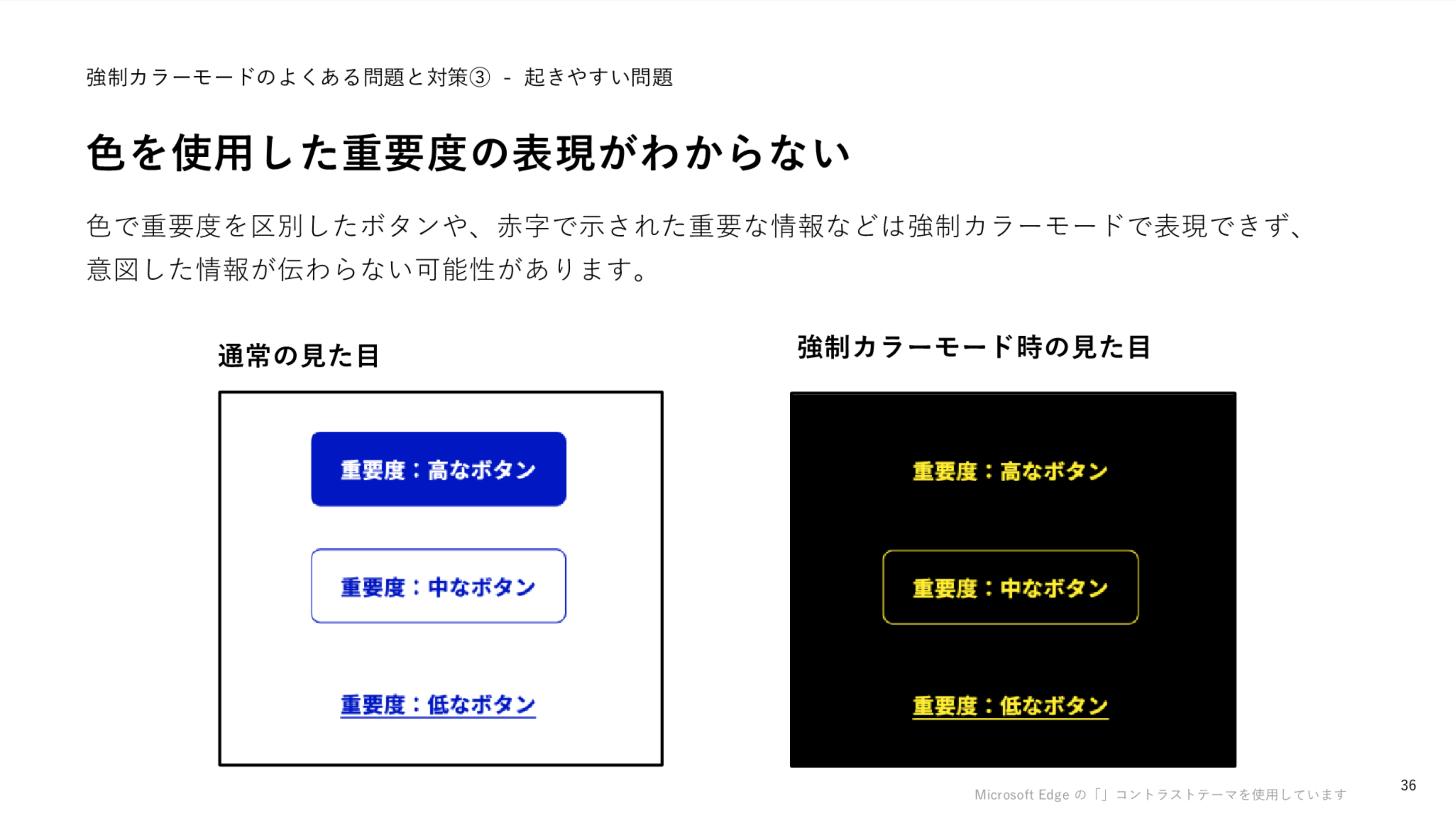 「色を使用した重要度の表現がわからない」というスライドのスクリーンショット。上から順に重要度高のボタン、中のボタン、低のボタンと3つのボタンが積まれた画面が、左では通常の見た目で、上から順に塗りボタン、アウトラインボタン、テキストボタンで表示されている。右では強制カラーモード時の見た目で、上から順にテキストボタン、アウトラインボタン、テキストボタンで表示されている。