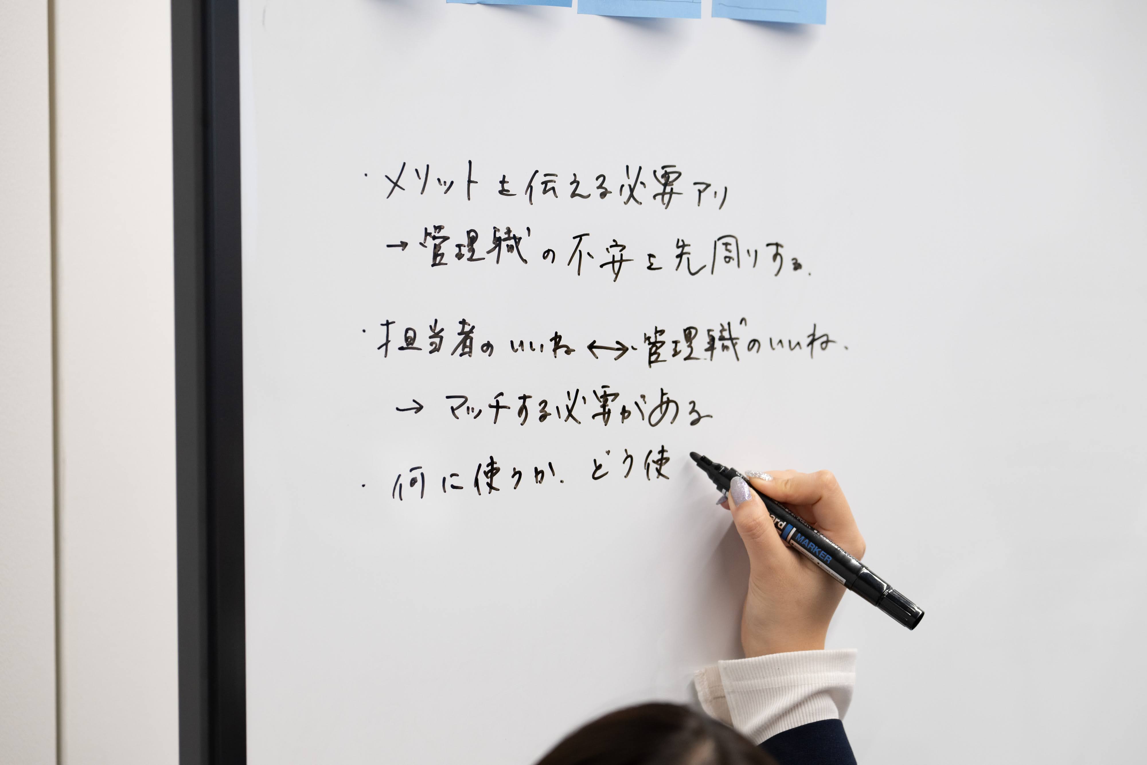 ワークショップでの様子を写した写真。ホワイトボードに「メリットを伝える必要アリ→管理職の不安を先まわりする」などと書かれている。