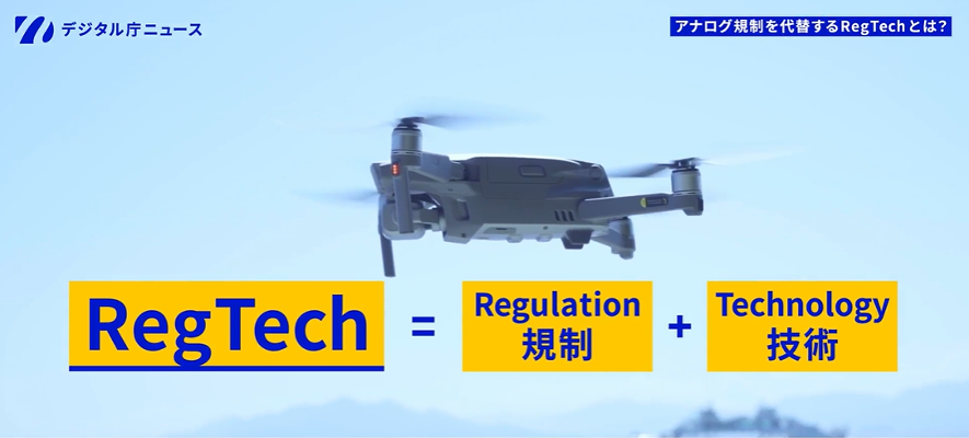ドローンが飛んでいる様子。写真の上にはRegTech=Regulation(規制)+Technology(技術)と大きく書かれている。