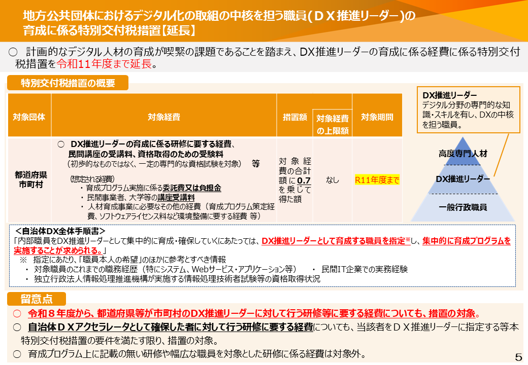 総務省の資料より。「地方公共団体におけるデジタル化の取組の中核を担う職員（DX推進リーダー）の育成に係る特別交付税措置【延長】」と題したスライド。計画的なデジタル人材の育成が喫緊の課題であることを踏まえ、DX推進リーダーの育成に係る経費に係る特別交付税措置を令和11年度まで延長。特別交付税措置の概要として、対象団体は「都道府県、市町村」で、対象経費は「DX推進リーダーの育成に係る研修に要する経費、民間講座の受講料、資格取得のための受験料（初歩的なものではなく、一定の専門的な資格試験を対象）等」。想定される経費は「育成プログラム実施に係る委託費又は負担金」「民間事業者、大学等の講座受講料」「人材育成事業に必要なその他の経費（育成プログラム策定経費、ソフトウェアライセンス料など環境整備に要する経費等）」。措置額は「対象経費の合計額に0.7を乗じて得た額」で、対象経費の上限額は「なし」、対象期間は「R11年度まで」。スライドの右側に三角形のピラミッドが書かれており、上から「高度専門人材」「DX推進リーダー」「一般行政職員」とある。DX推進リーダーは吹き出しで「デジタル分野の専門的な知識・スキルを有し、DXの中核を担う職員」とある。「自治体DX全体手順書」と題した囲みでは「内部職員をDX推進リーダーとして集中的に育成・確保していくにあたっては、DX推進リーダーとして育成する職員を指定し、集中的に育成プログラムを実施することが求められる」とある。指定にあたり、「職員本人の希望」のほかに参考とすべき情報として、対象職員のこれまでの職務経歴（特にシステム、Webサービス・アプリケーション等）・民間IT企業での実務経験、独立行政法人情報処理推進機構が実施する情報処理技術者試験等の資格取得状況。最後に留意点として、①令和8年度から、都道府県等が市町村のDX推進リーダーに対して行う研修等に要する経費についても、措置の対象。②自治体DXアクセラレータとして確保した者に対して行う研修に要する経費についても、当該者をDX推進リーダーに指定する等本特別交付税措置の要件を満たす限り、措置の対象。③育成プログラム上に記載の無い研修や幅広な職員を対象とした研修に係る経費は対象外。
