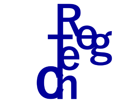 RegTech（レグテック）」を表すワードマーク。ネイビーブルーの太字「R・e・g・t・e・c・h」が、縦方向に積み重なりながら互いに重複・交差するタイポグラフィで構成されている。文字は均一に並ぶのではなく、それぞれ異なる位置・角度でレイアウトされている。