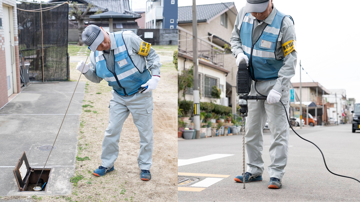 音聴調査の様子を収めた写真を2枚組み合わせた画像。左側は、作業服を着た人物が管路と耳に器具を直接当てて漏水箇所を探っている。右側は漏水箇所を確定するため、ドリルで道路に小さな穴を開けている様子（※写真はイメージであり、実際にドリルは駆動していない）。