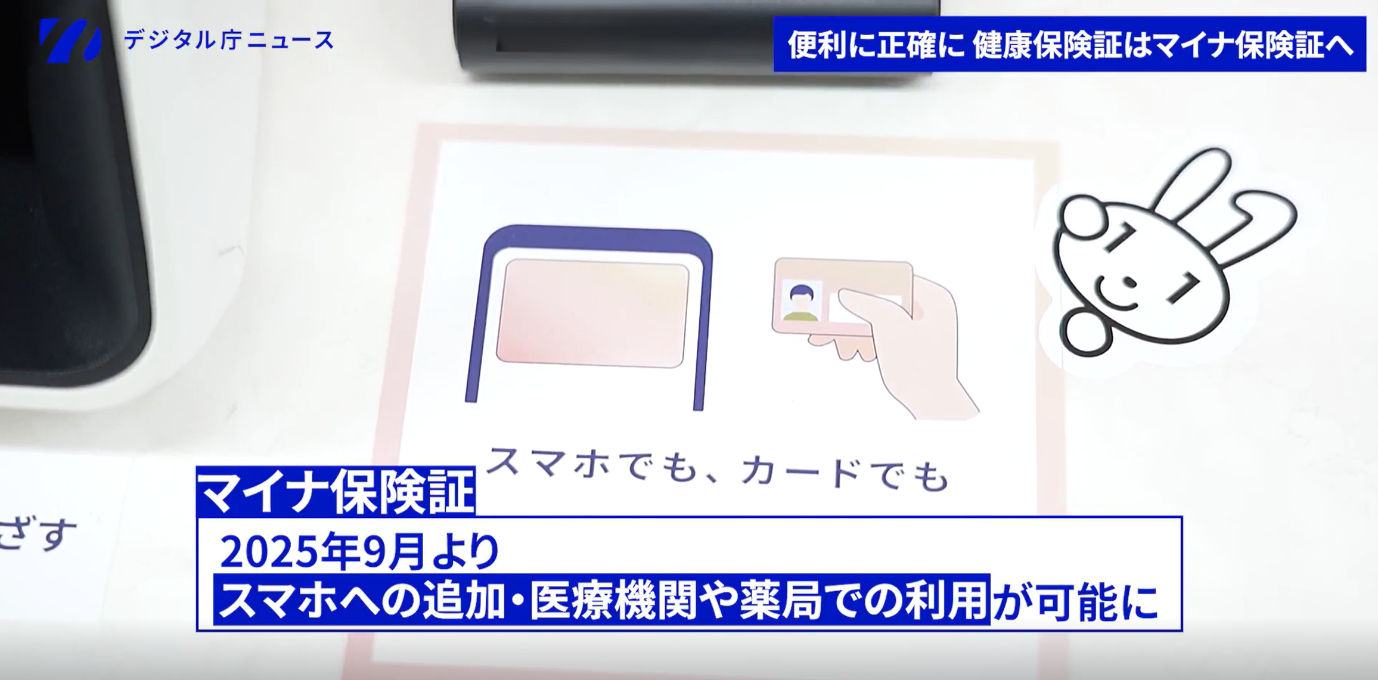 「マイナ保険証は、2025年9月よりスマホへの追加・医療機関や薬局での利用が可能に」という記述が書かれたスライド。