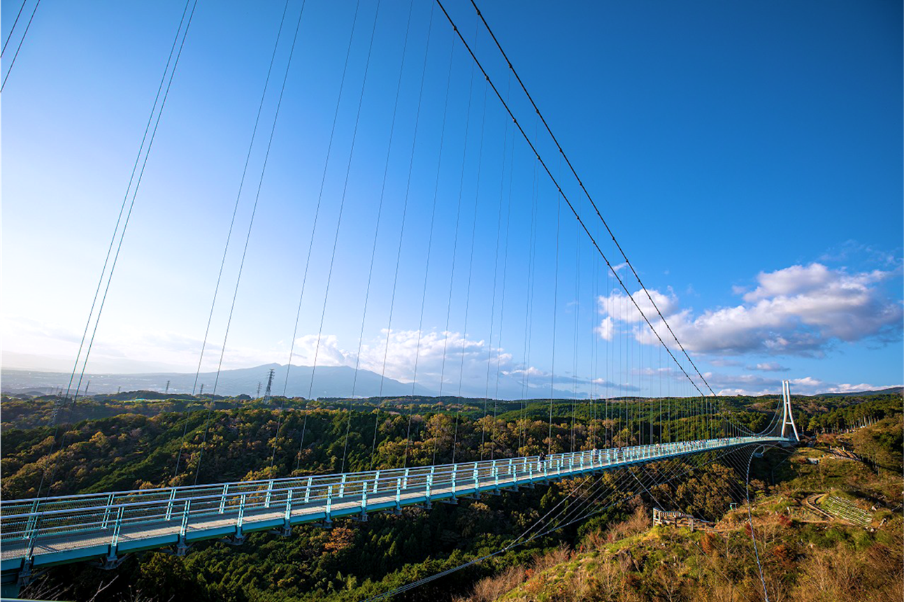 絶景を楽しみに多くの観光客が訪れる歩行者専用吊橋「三島スカイウォーク」。