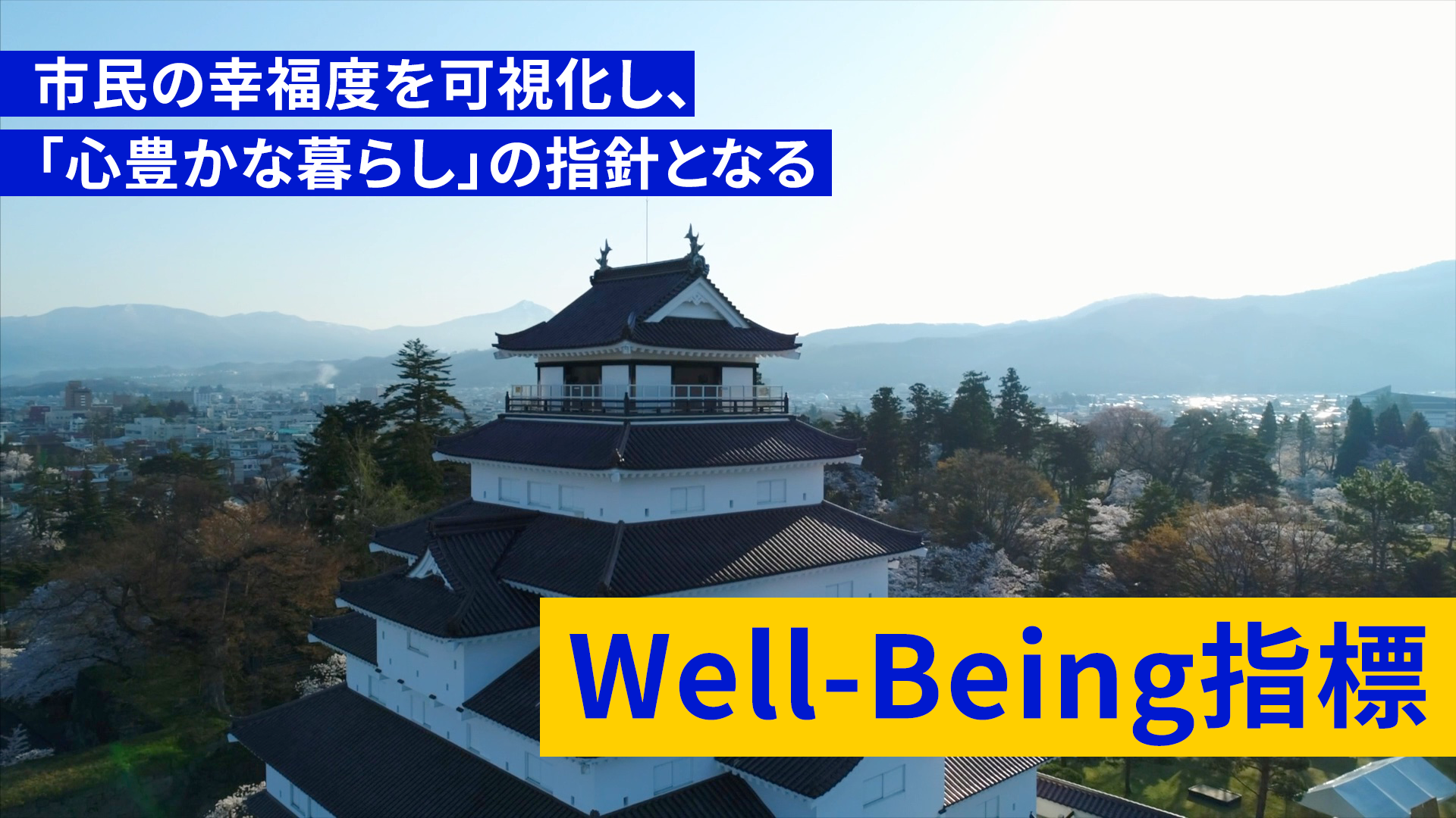 福島県会津若松市のシンボルである鶴ヶ城の写真の上に、市民の幸福度を可視化し「心豊かな暮らし」の指針となるWell-Being指標と書かれている。