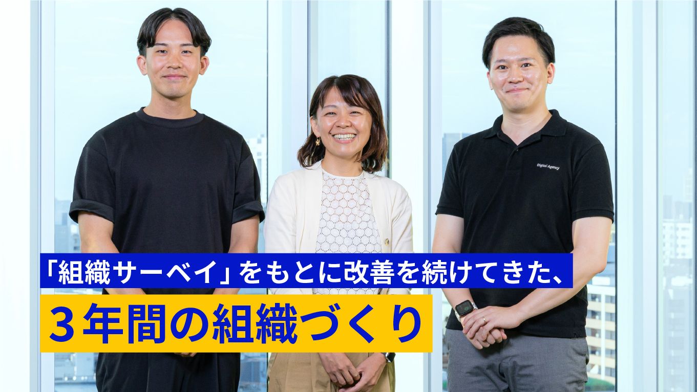 河村 惇（かわむら・しゅん）、下山 久美子（しもやま・くみこ）、春日亀 小判（かすがめ・こばん）が写っている。その上には「組織サーベイ」をもとに改善を続けてきた、3年間の組織づくりという文字が書かれている。