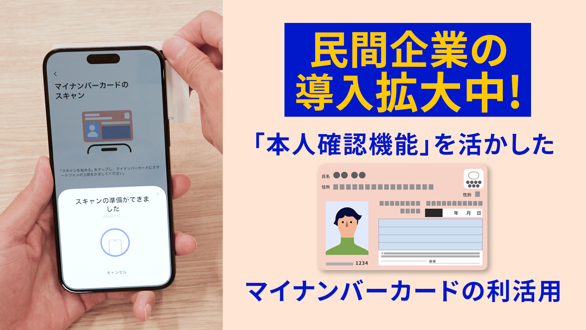 左側にはスマートフォンでマイナンバーをスキャンしている写真がのっており、右側にはマイナンバーのイラスト画像が載っている。マイナンバーのイラストの上下に民間企業の導入拡大中！「本人確認機能」を活かしたマイナンバーカードの利活用という文字が書かれている。
