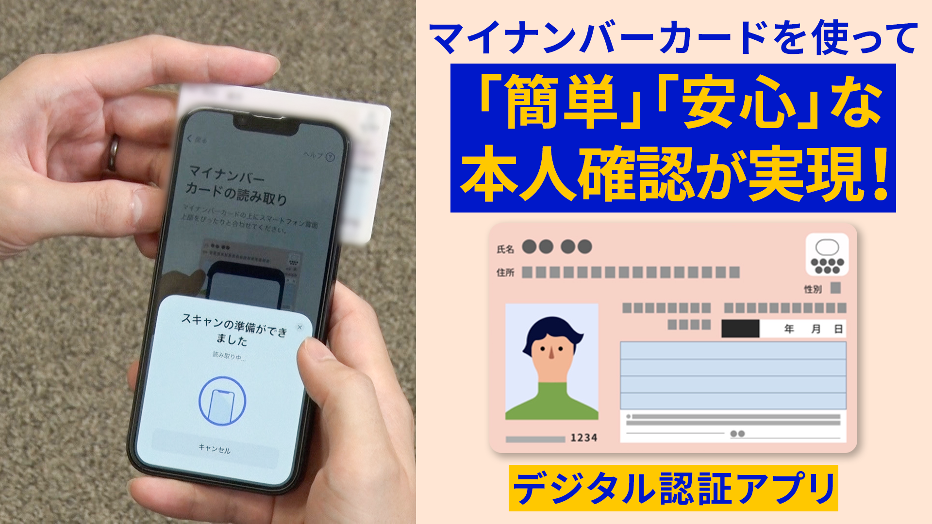 左側にスマートフォンでマイナンバーカードを読み取る様子の写真。右側に、マイナンバーカードを使って「簡単」「安心」な本人確認が実現！のテキスト、その下にマイナンバーカードのイラスト、その下に「デジタル認証アプリ」のテキスト。