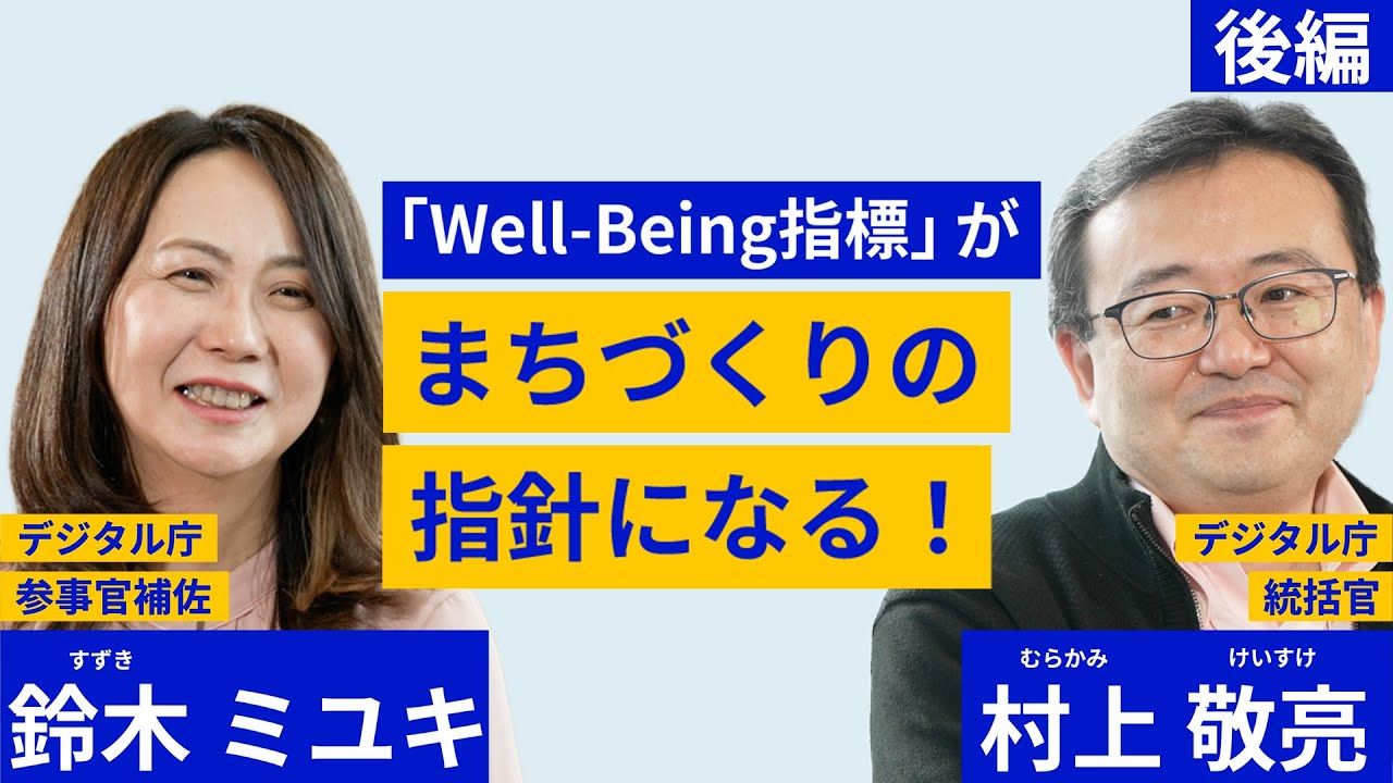 中央に「Well-Being指標」がまちづくりの指針になる！と書かれている。左には女性が写っており、その上にはデジタル庁参事官補佐　鈴木ミユキと書かれている。左側には男性が写っており、デジタル庁統括官　村上敬亮と書かれている。