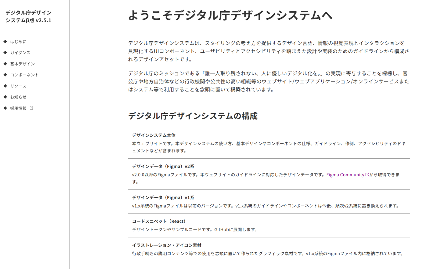 「デジタル庁デザインシステムβ版」サイトトップページのスクリーンショット。中央にデジタル庁デザインシステムの構成紹介。「デザインシステム本体」「デザインデータ（Figma）v2系」「デザインデータ（Figma）v1系」「コードスニペット（React）」「イラストレーション・アイコン素材」で構成されている。左カラムには「はじめに」「ガイダンス」「基本デザイン」「コンポーネント」「リソース」「お知らせ」「採用情報」の各メニュー。